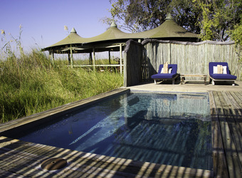 Little Vumbura Camp, pristene blue central pool, sundeck with accompanying reclining seats, large tufts of light green grasses, Botswana, Africa