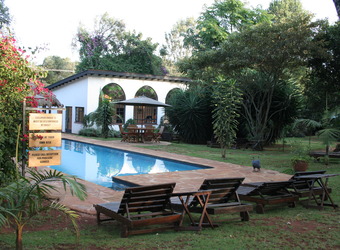 Karen Blixen Cottages, central blue pool with several lawn chairs next to it and the safari lodge in the background in Kenya, Africa safaris