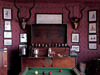 Jack's Camp, billiard room with intricate wallpaper pattern, pair of interested mounted Ibek horns, pitcher of cold water, Africa, Botswana